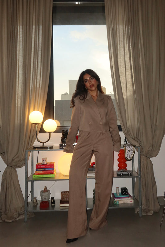 Beige Cropped Blazer Set